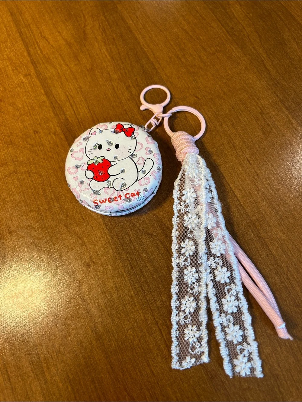 Kids Pink Sweet Cat Keychain Mirror with Lace Tassel